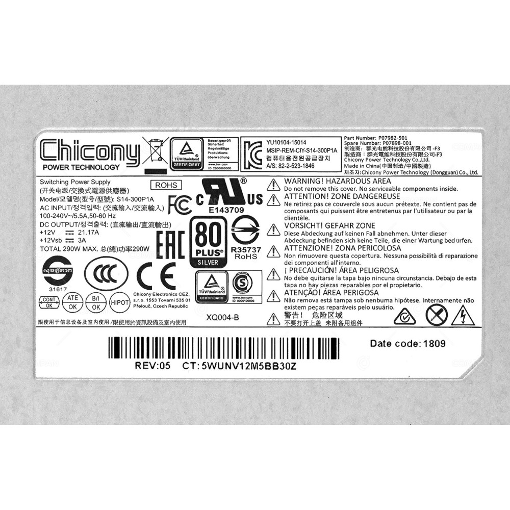 P07898-001  HP 290W 100-240V POWER SUPPLY FOR HP PROLIANT DL20 G10